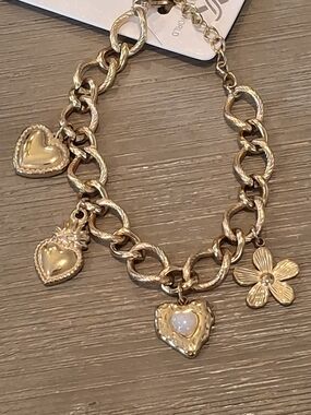Gold Heart & Flower Charm Bracelet - Unbranded
